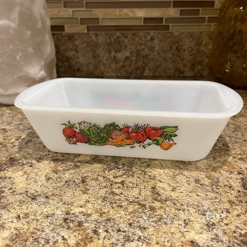 Vintage Glasbake Vegetable Pattern Baking Dish 1 1/2 Qt. J522 USA Loaf Pan